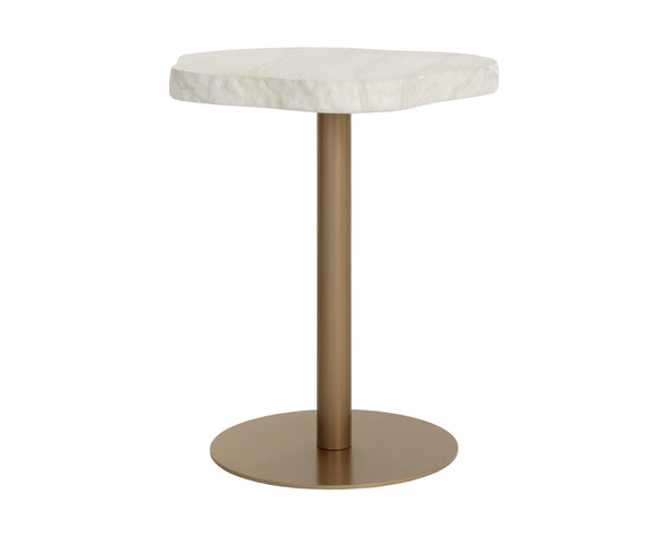 Sunpan Delmont Outdoor Bar Table Faux Travertine Concrete Top with Antique Brass Steel Base 112748