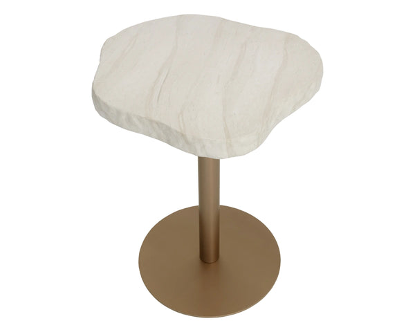 Sunpan Delmont Outdoor Bar Table Faux Travertine Concrete Top with Antique Brass Steel Base 112748