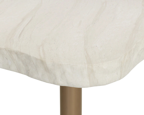 Sunpan Delmont Outdoor Bar Table Faux Travertine Concrete Top with Antique Brass Steel Base 112748