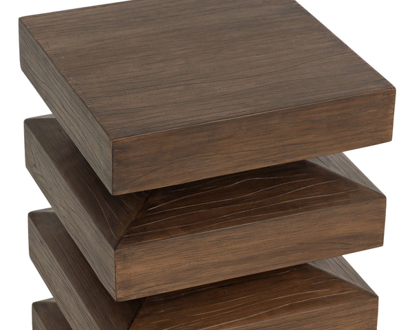 Sunpan Robarts Concrete End Table Brutalist Sculptural Design with Faux Wood Base for Living Rooms 112756