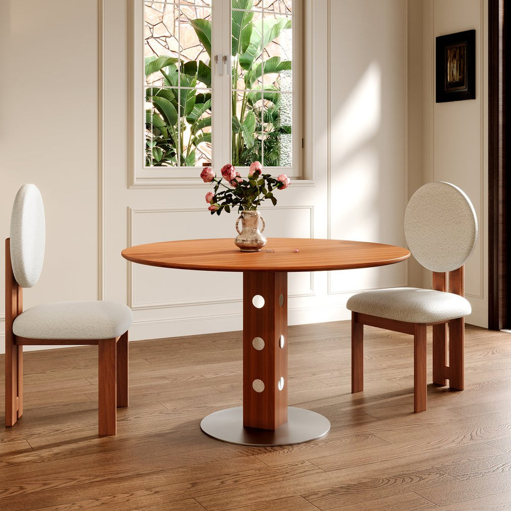 English Elm Farmhouse Round Dining Table For 2-4, Walnut Solid Wood Top & Durable Iron Base, Rustic Charm T3833S00060