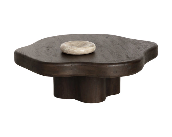 Sunpan Bellona Solid Acacia Wood Round Coffee Table Sculptural Pedestal Base Living Room Brown 112766