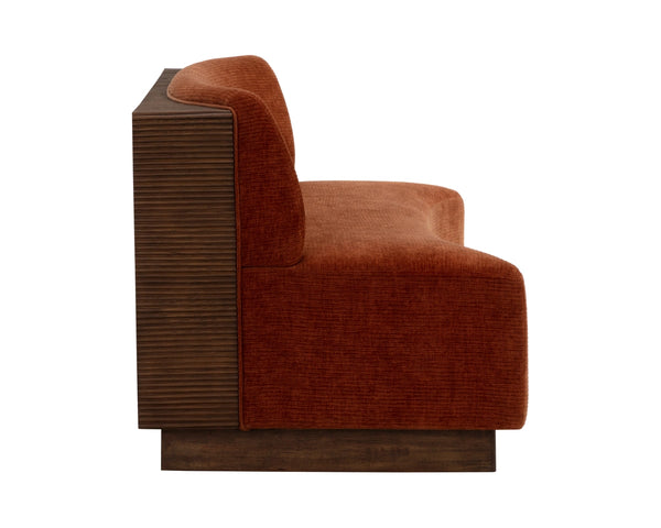 Sunpan Cinder Curved Upholstered Dining Banquette with Reeded Oak Panels and Textured Fabric 112773