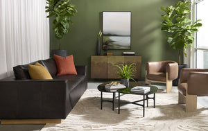 Sunpan Anakin Full Grain Leather Sofa with Oak Base Art Deco Curves for Living Rooms 112784