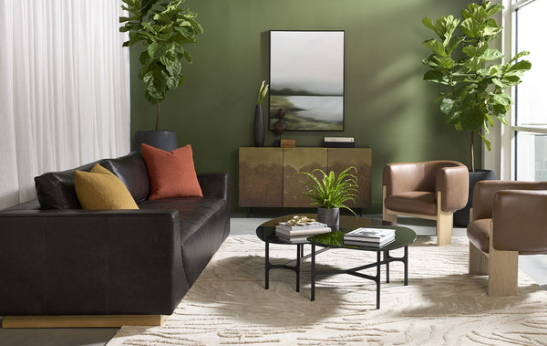 Sunpan Anakin Full Grain Leather Sofa with Oak Base Art Deco Curves for Living Rooms 112784