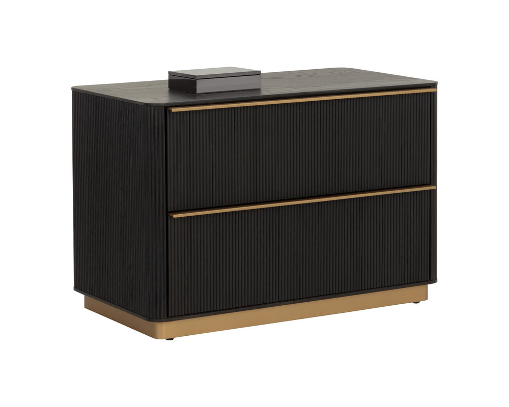 Sunpan Kalla Oak Veneer Nightstand with Reeded Texture Gold Steel Base and Soft Close Drawers 112805
