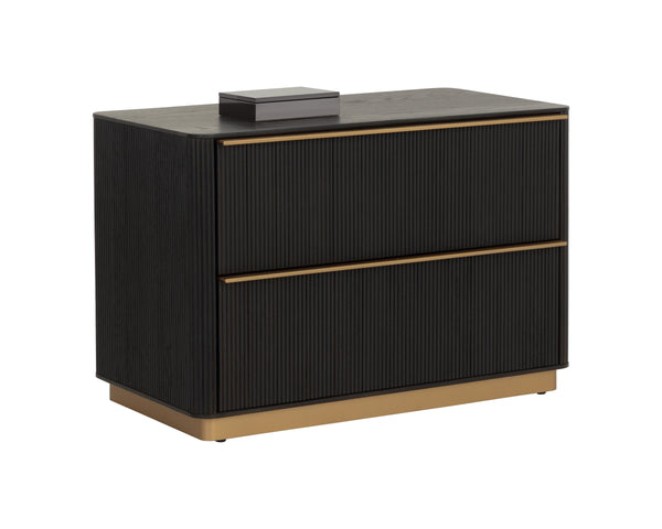 Sunpan Kalla Oak Veneer Nightstand with Reeded Texture Gold Steel Base and Soft Close Drawers 112805