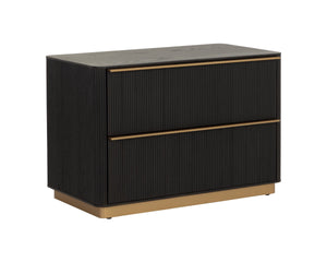 Sunpan Kalla Oak Veneer Nightstand with Reeded Texture Gold Steel Base and Soft Close Drawers 112805