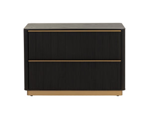 Sunpan Kalla Oak Veneer Nightstand with Reeded Texture Gold Steel Base and Soft Close Drawers 112805