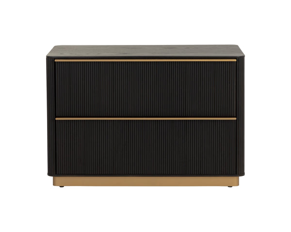 Sunpan Kalla Oak Veneer Nightstand with Reeded Texture Gold Steel Base and Soft Close Drawers 112805