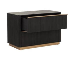 Sunpan Kalla Oak Veneer Nightstand with Reeded Texture Gold Steel Base and Soft Close Drawers 112805