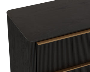 Sunpan Kalla Oak Veneer Nightstand with Reeded Texture Gold Steel Base and Soft Close Drawers 112805