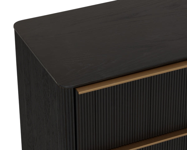 Sunpan Kalla Oak Veneer Nightstand with Reeded Texture Gold Steel Base and Soft Close Drawers 112805