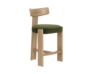 Sunpan Horton Solid Oak Counter Stool with Curved Back and Earthy Upholstered Seat 112809