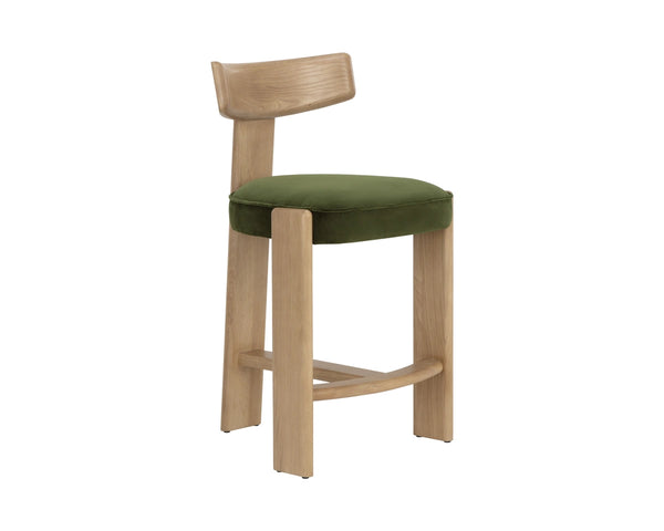 Sunpan Horton Solid Oak Counter Stool with Curved Back and Earthy Upholstered Seat 112809