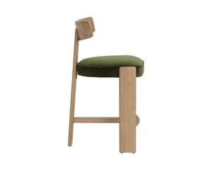Sunpan Horton Solid Oak Counter Stool with Curved Back and Earthy Upholstered Seat 112809