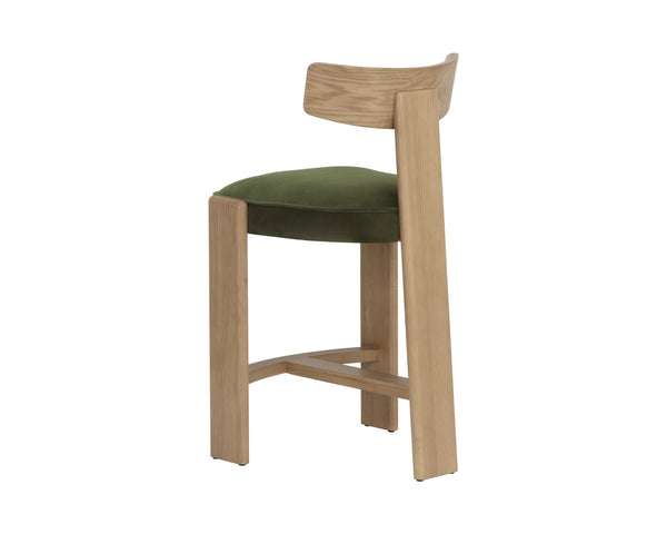 Sunpan Horton Solid Oak Counter Stool with Curved Back and Earthy Upholstered Seat 112809