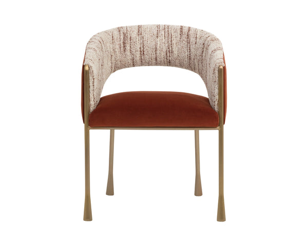 Sunpan Jahara Upholstered Dining Armchair Dual Fabric Foam Seat Antique Brass Flared Legs Orange 112826