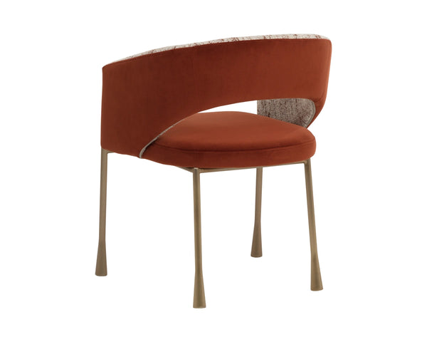 Sunpan Jahara Upholstered Dining Armchair Dual Fabric Foam Seat Antique Brass Flared Legs Orange 112826