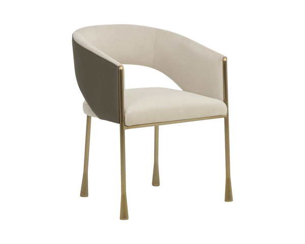 Sunpan Jahara Upholstered Dining Armchair Dual Fabric Foam Seat Antique Brass Flared Legs Taupe 112827