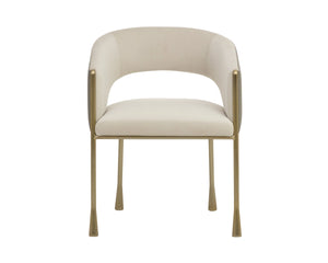 Sunpan Jahara Upholstered Dining Armchair Dual Fabric Foam Seat Antique Brass Flared Legs Taupe 112827