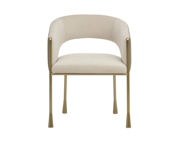 Sunpan Jahara Upholstered Dining Armchair Dual Fabric Foam Seat Antique Brass Flared Legs Taupe 112827