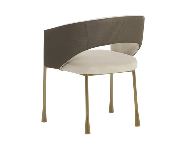 Sunpan Jahara Upholstered Dining Armchair Dual Fabric Foam Seat Antique Brass Flared Legs Taupe 112827
