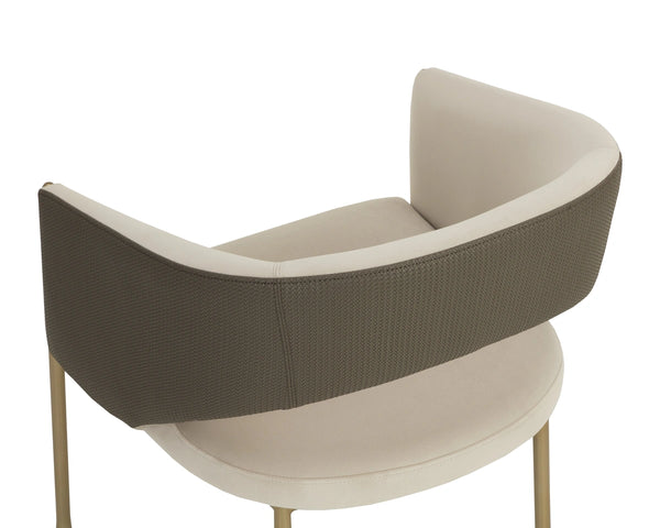 Sunpan Jahara Upholstered Dining Armchair Dual Fabric Foam Seat Antique Brass Flared Legs Taupe 112827