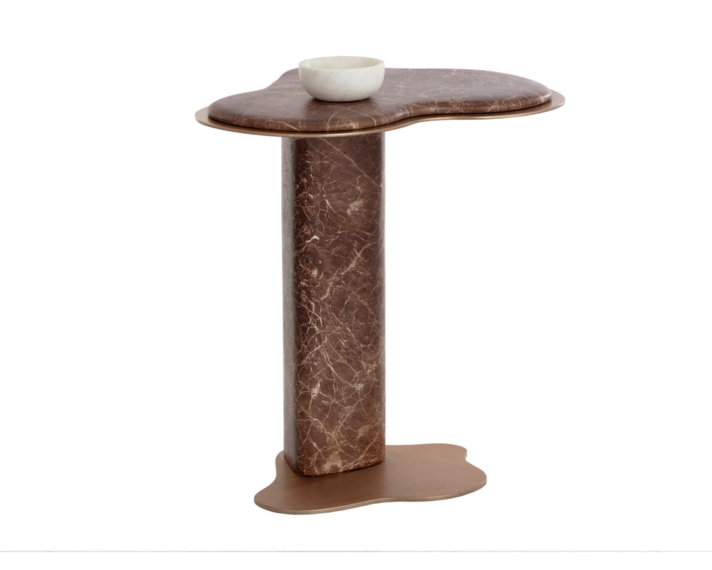Sunpan Isola Faux Marble Concrete Pedestal End Table with Brass Base for Living Room Brown 112828
