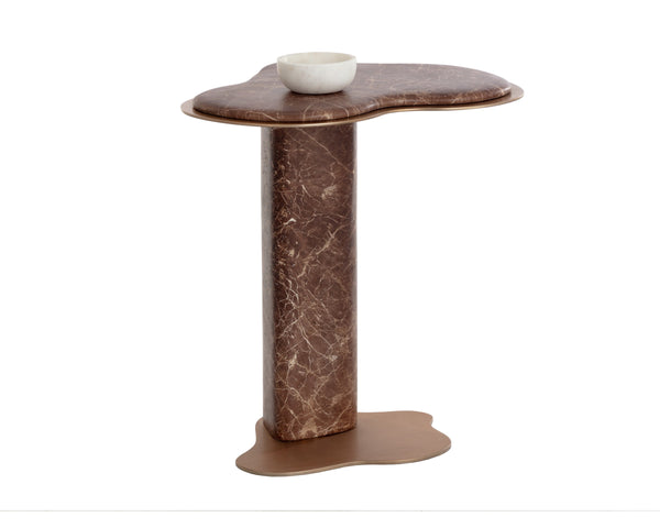 Sunpan Isola Faux Marble Concrete Pedestal End Table with Brass Base for Living Room Brown 112828