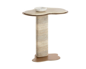 Sunpan Isola Faux Marble Concrete Pedestal End Table with Brass Base for Living Room Taupe 112829