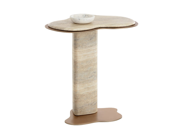 Sunpan Isola Faux Marble Concrete Pedestal End Table with Brass Base for Living Room Taupe 112829