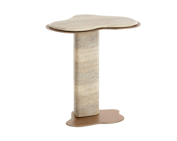 Sunpan Isola Faux Marble Concrete Pedestal End Table with Brass Base for Living Room Taupe 112829