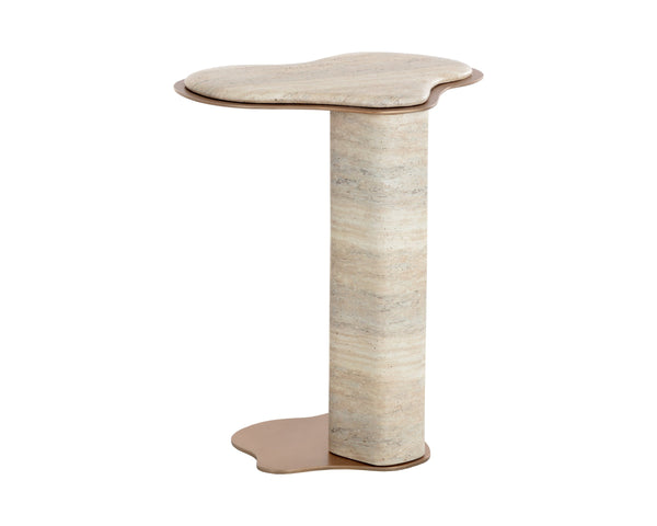 Sunpan Isola Faux Marble Concrete Pedestal End Table with Brass Base for Living Room Taupe 112829
