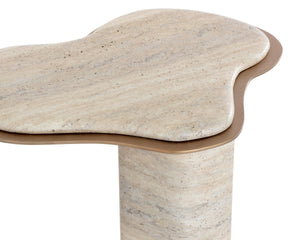 Sunpan Isola Faux Marble Concrete Pedestal End Table with Brass Base for Living Room Taupe 112829
