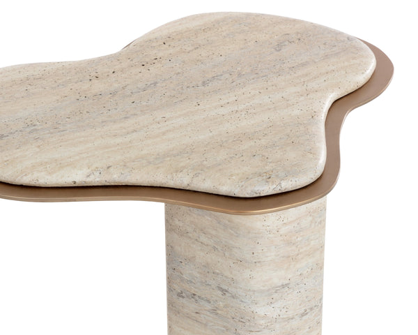 Sunpan Isola Faux Marble Concrete Pedestal End Table with Brass Base for Living Room Taupe 112829