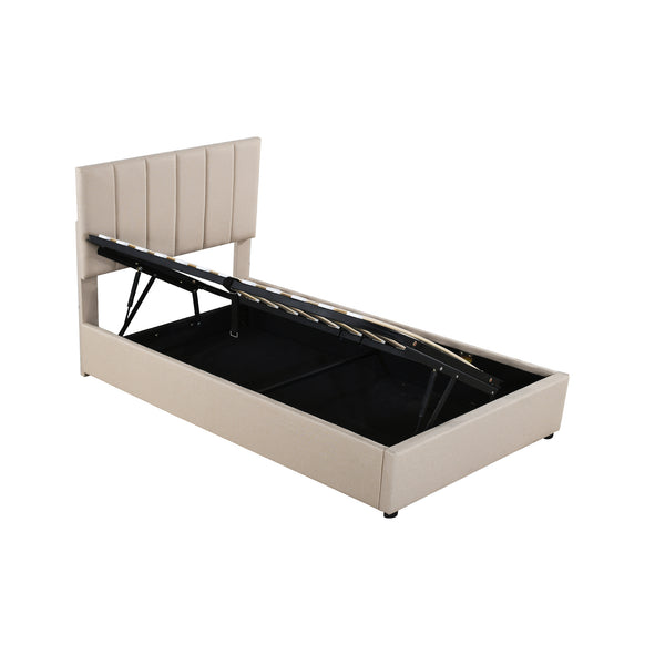 English Elm Twin Upholstered Hydraulic Storage Bed with Vertical Stripe Headboard, Space-Saving Modern Platform Beige SF000185AAA