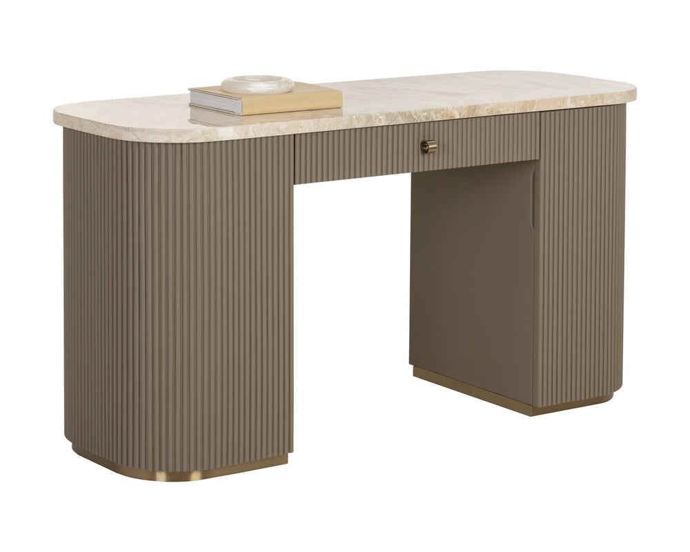 Sunpan Cataldi Marble Top Faux Leather Fluted Writing Desk with Brushed Gold Hardware 112858