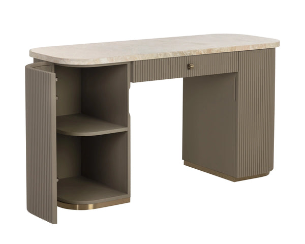 Sunpan Cataldi Marble Top Faux Leather Fluted Writing Desk with Brushed Gold Hardware 112858