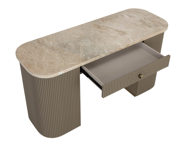 Sunpan Cataldi Marble Top Faux Leather Fluted Writing Desk with Brushed Gold Hardware 112858