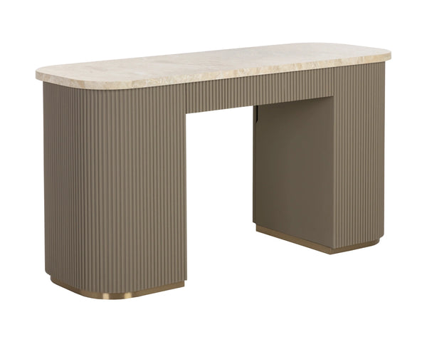 Sunpan Cataldi Marble Top Faux Leather Fluted Writing Desk with Brushed Gold Hardware 112858