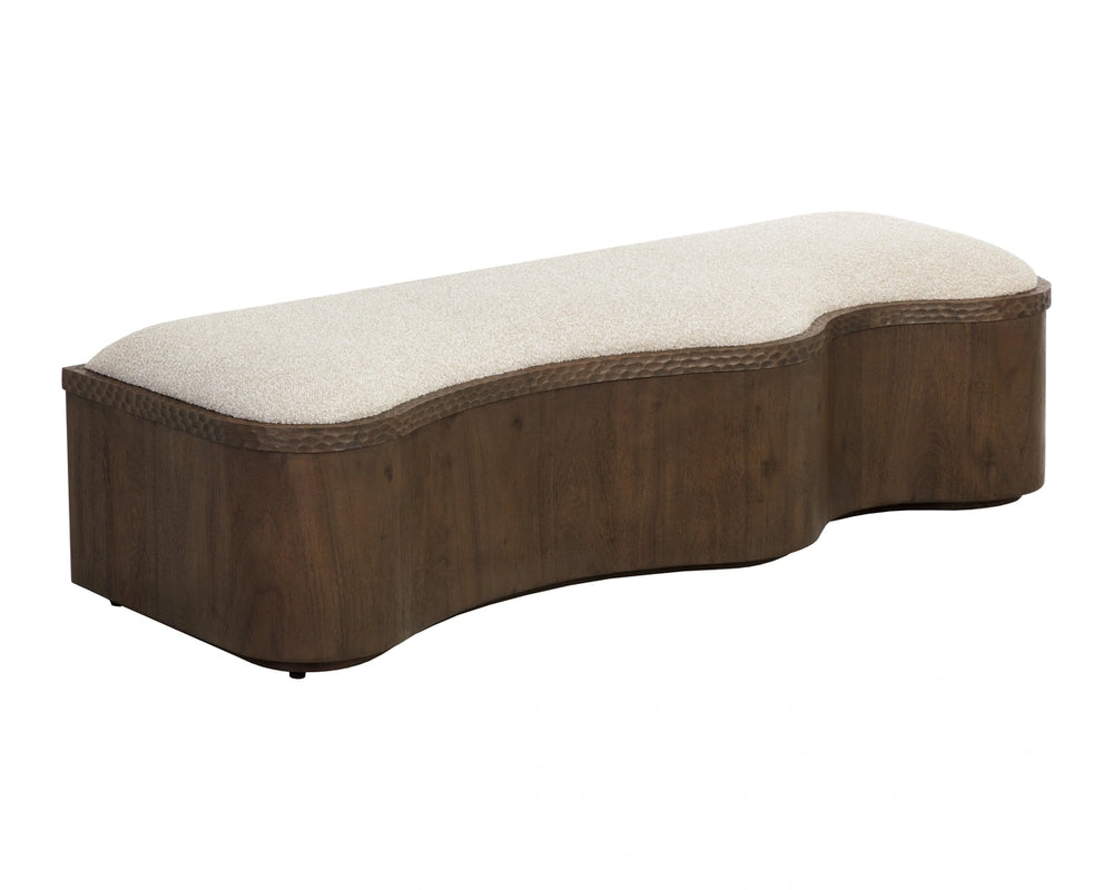 Sunpan Shimla Sculptural Acacia Wood Bench with Oatmeal Cushion for Entryway or Bedroom 112869