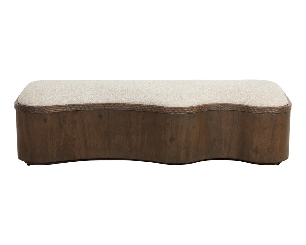 Sunpan Shimla Sculptural Acacia Wood Bench with Oatmeal Cushion for Entryway or Bedroom 112869