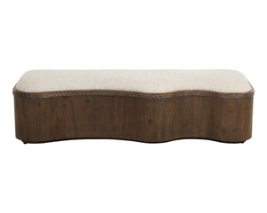 Sunpan Shimla Sculptural Acacia Wood Bench with Oatmeal Cushion for Entryway or Bedroom 112869
