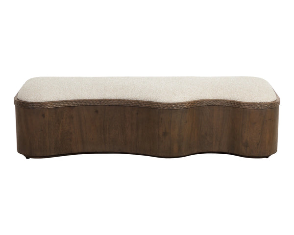 Sunpan Shimla Sculptural Acacia Wood Bench with Oatmeal Cushion for Entryway or Bedroom 112869