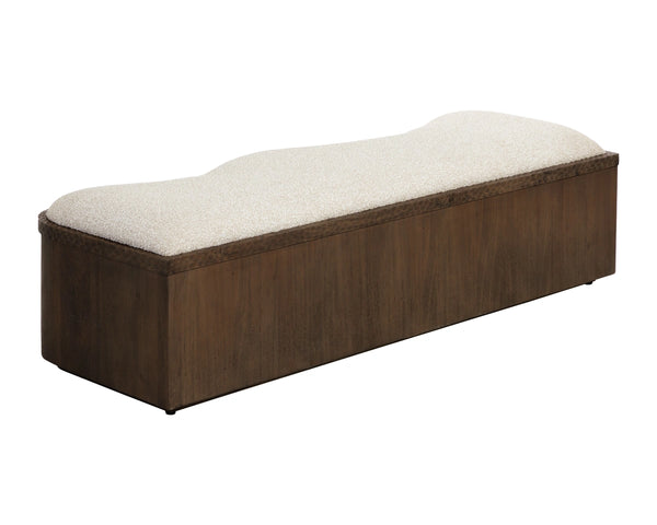 Sunpan Shimla Sculptural Acacia Wood Bench with Oatmeal Cushion for Entryway or Bedroom 112869