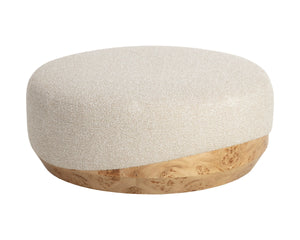 Sunpan Mithuna Round Ottoman with Burl Wood Base and Plush Oatmeal Upholstered Cushioned Top Large 112894
