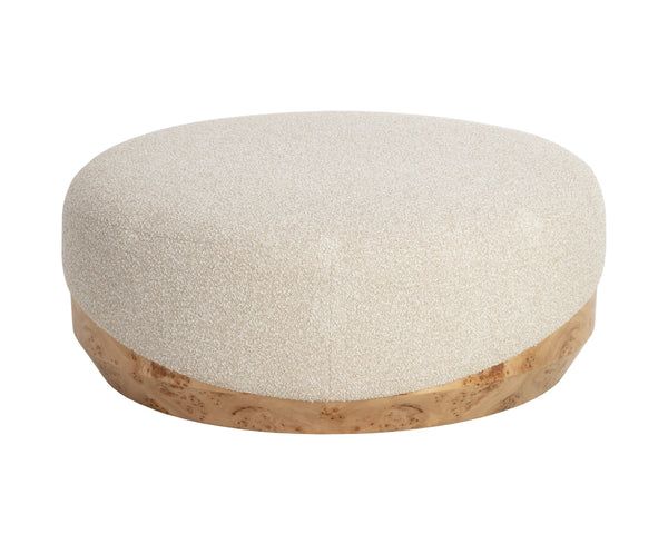 Sunpan Mithuna Round Ottoman with Burl Wood Base and Plush Oatmeal Upholstered Cushioned Top Large 112894