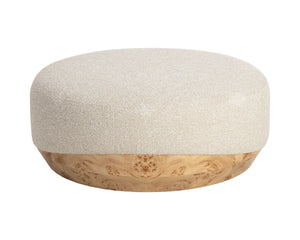 Sunpan Mithuna Round Ottoman with Burl Wood Base and Plush Oatmeal Upholstered Cushioned Top Large 112894