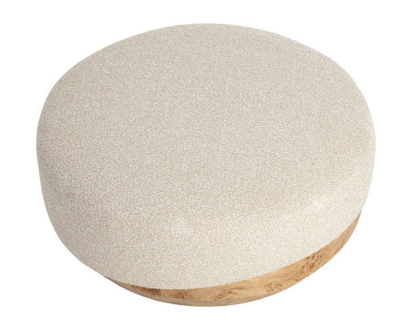 Sunpan Mithuna Round Ottoman with Burl Wood Base and Plush Oatmeal Upholstered Cushioned Top Large 112894